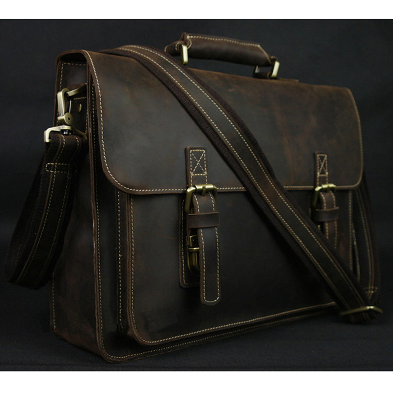 Leather Work Bag Laptop - Vintage çılgın at hakiki deri erkek