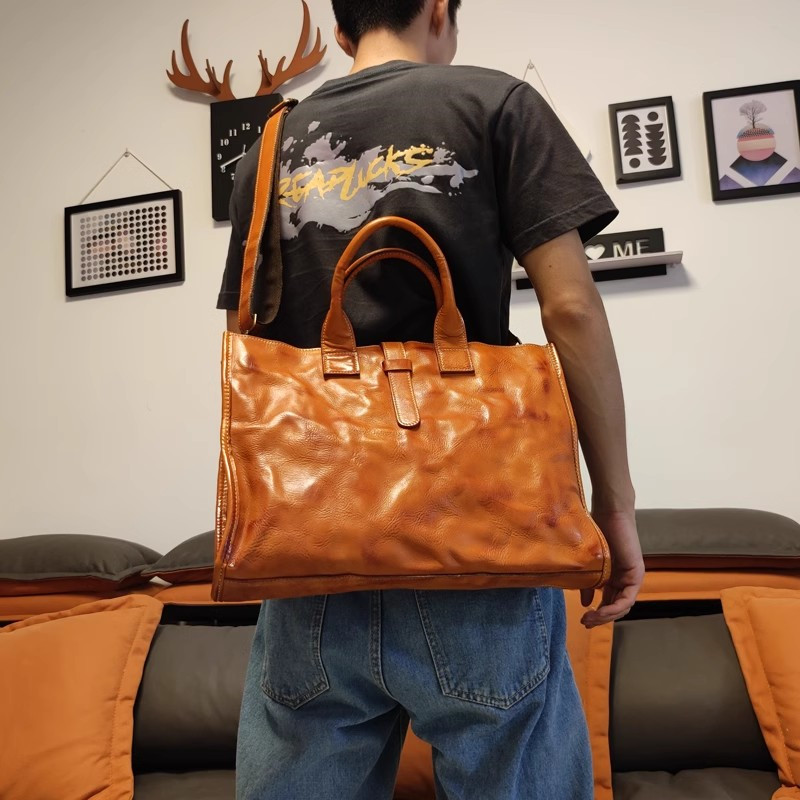 Leather Work Bag Laptop - Basit Vintage Hakiki Deri erkek Evrak