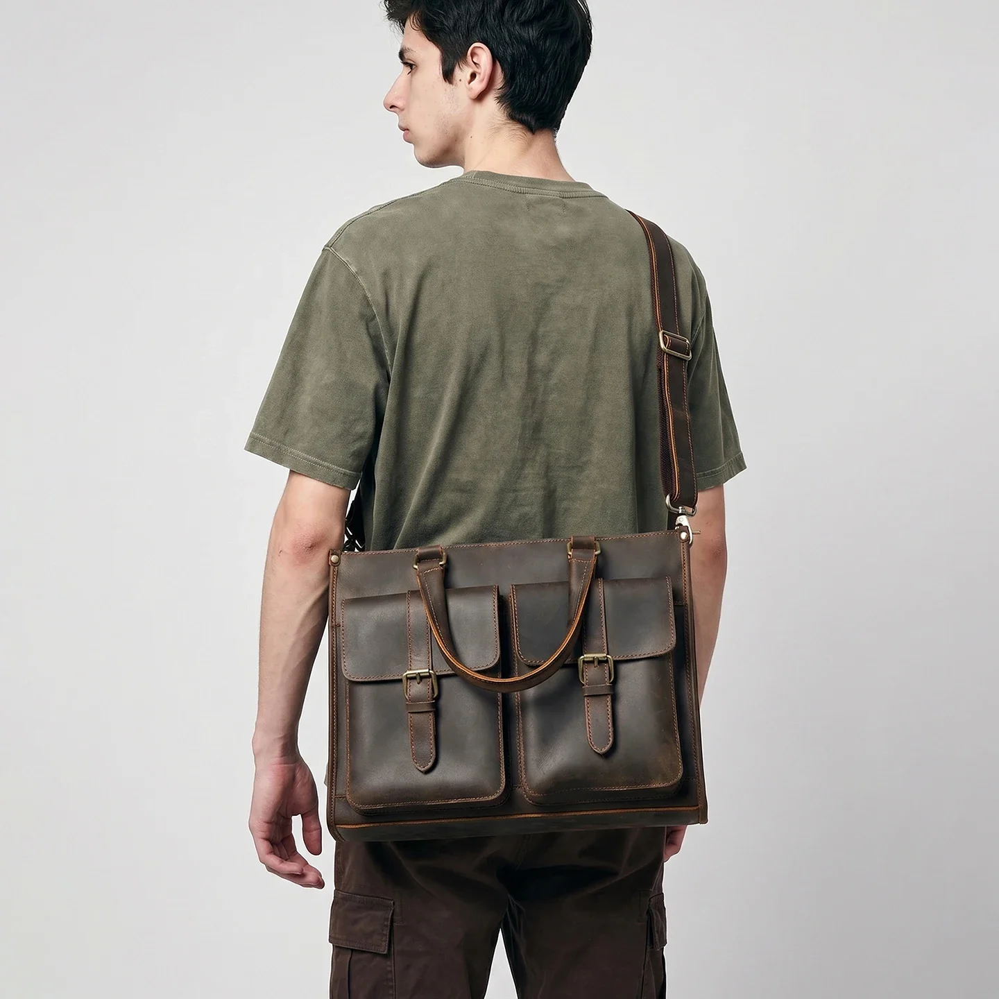 Leather Work Bag Laptop - Vintage Hakiki Deri Erkekler İçin Çapraz