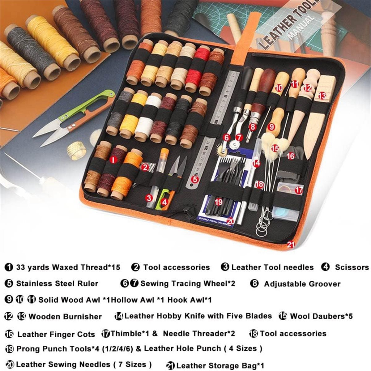 Beginner Leatherwork Kit - 66 Parçalı Deri İşleme Alet Seti,